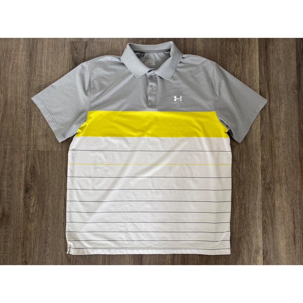 Under Armour Mens HeatGear Polo Shirt 2XL Gray Yellow Striped Golf